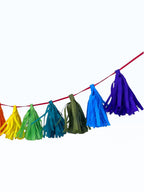 Paper Party Studio rainbow tissue paper tassel garland on a red cord for party decorations and backdrops.