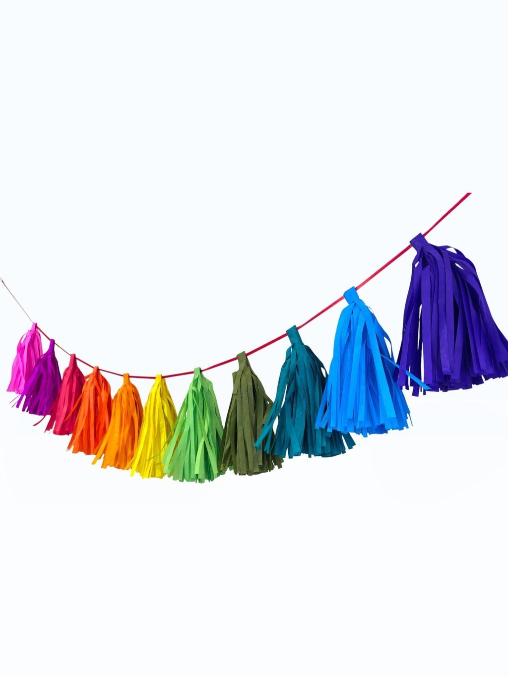 Paper Party Studio rainbow tissue paper tassel garland on a red cord for party decorations and photo backdrops.