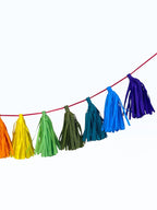 Paper Party Studio rainbow tissue paper tassel garland on a red cord for party decorations and backdrops.