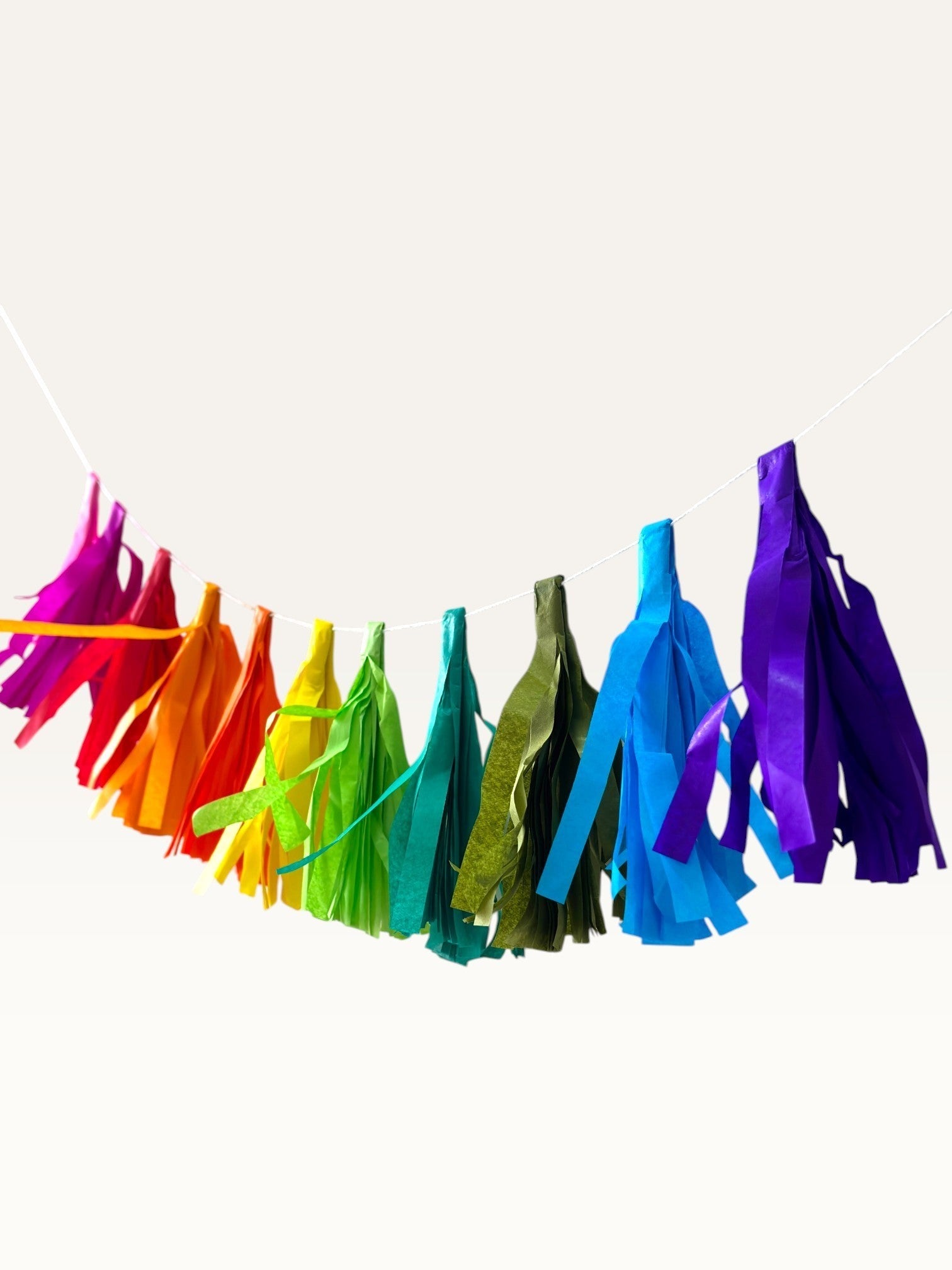 Paper Party Studio rainbow tissue paper tassel garland for party decorations, hand-strung on a white cord.