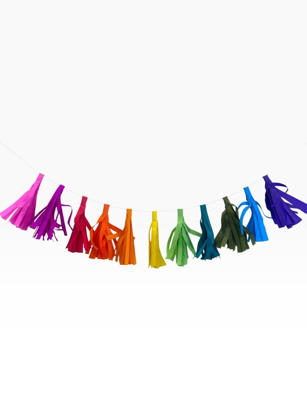Paper Party Studio rainbow tissue paper tassel garland for party decorations, hand-strung on a fine white cord.