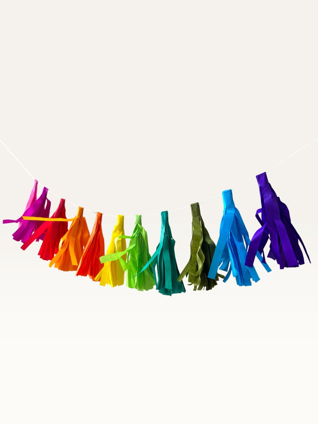 Paper Party Studio rainbow tissue paper tassel garland for party decorations, hand-strung on a fine white cord.