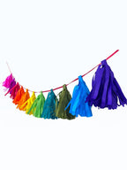Paper Party Studio rainbow tissue paper tassel garland on a red cord for party decorations and photo backdrops.
