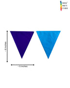 Paper Party Studio rainbow tissue paper pennant bunting with blue and purple triangle flags for party decoration.