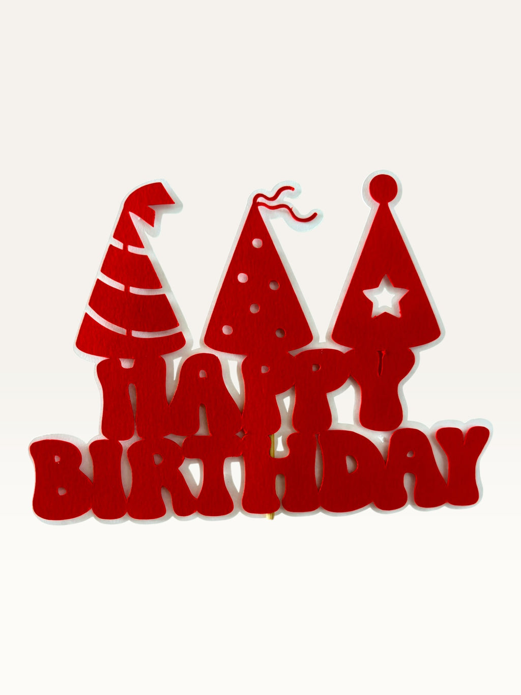 Paper Party Studio red Happy Birthday cake topper with three party hat cut-outs on a wooden pick.