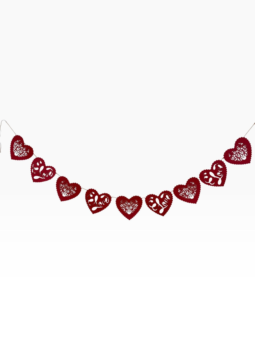 Paper Party Studio red heart bunting with floral cut-outs and 'Love' script, scalloped edges.
