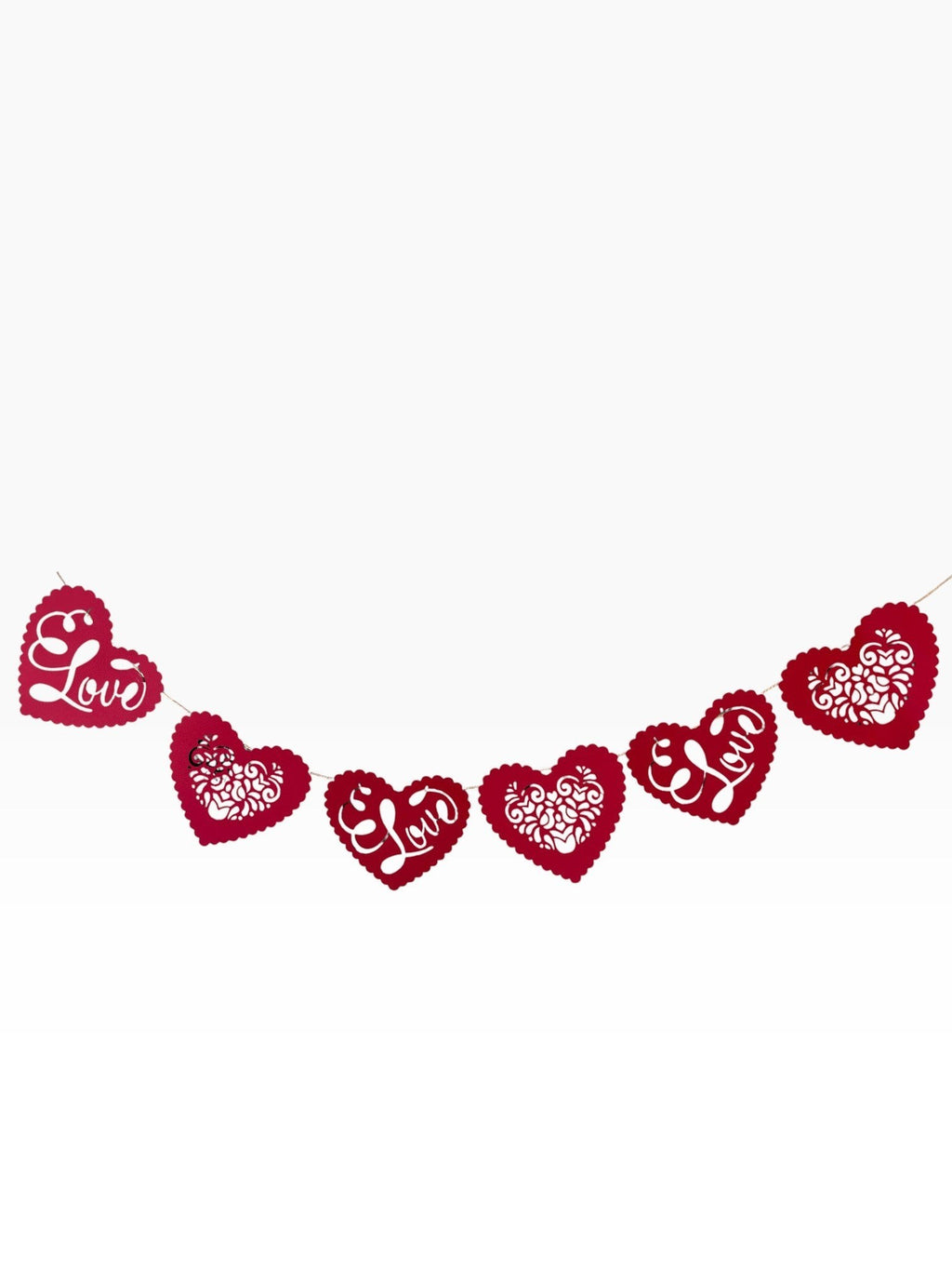 Paper Party Studio red heart bunting with floral cut-outs and "Love" script, perfect for Valentine's Day.
