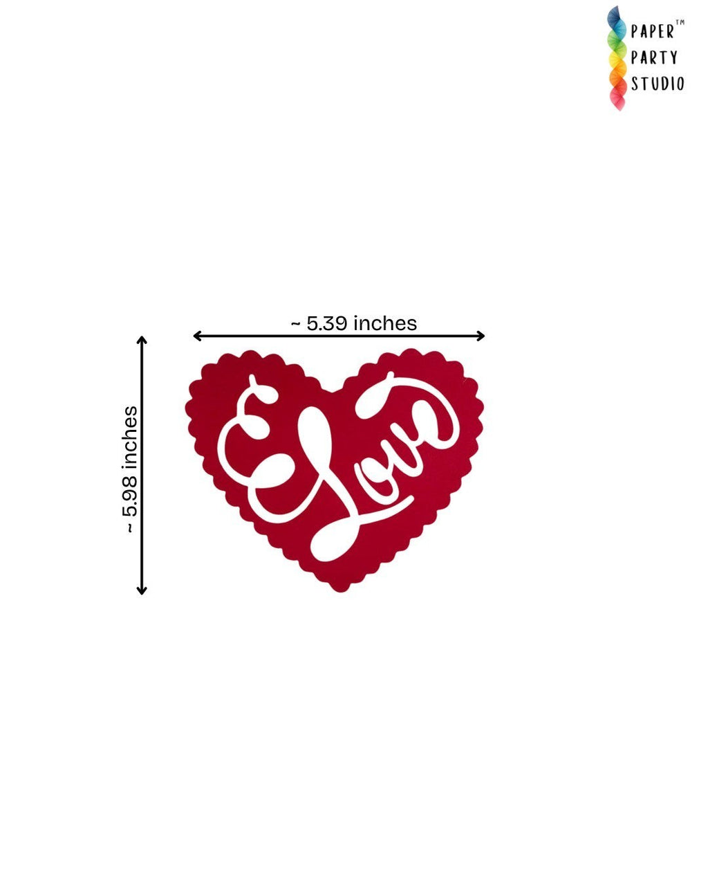 Paper Party Studio red heart bunting piece with scalloped edges and intricate Love cursive cut-out design.