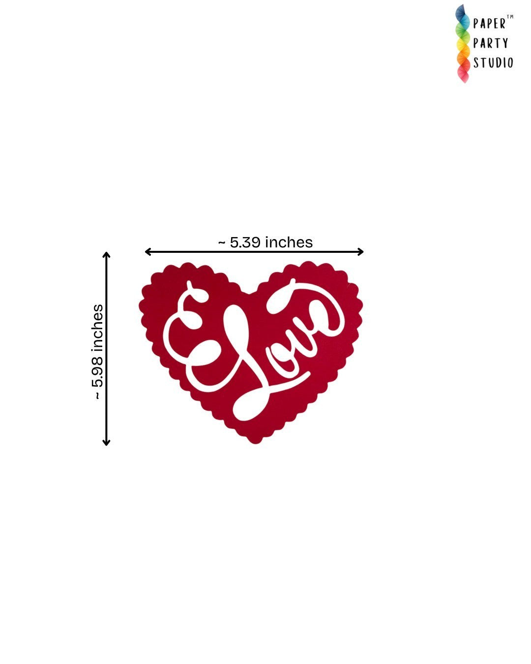 Paper Party Studio red heart bunting piece with scalloped edges and intricate Love cursive cut-out design.