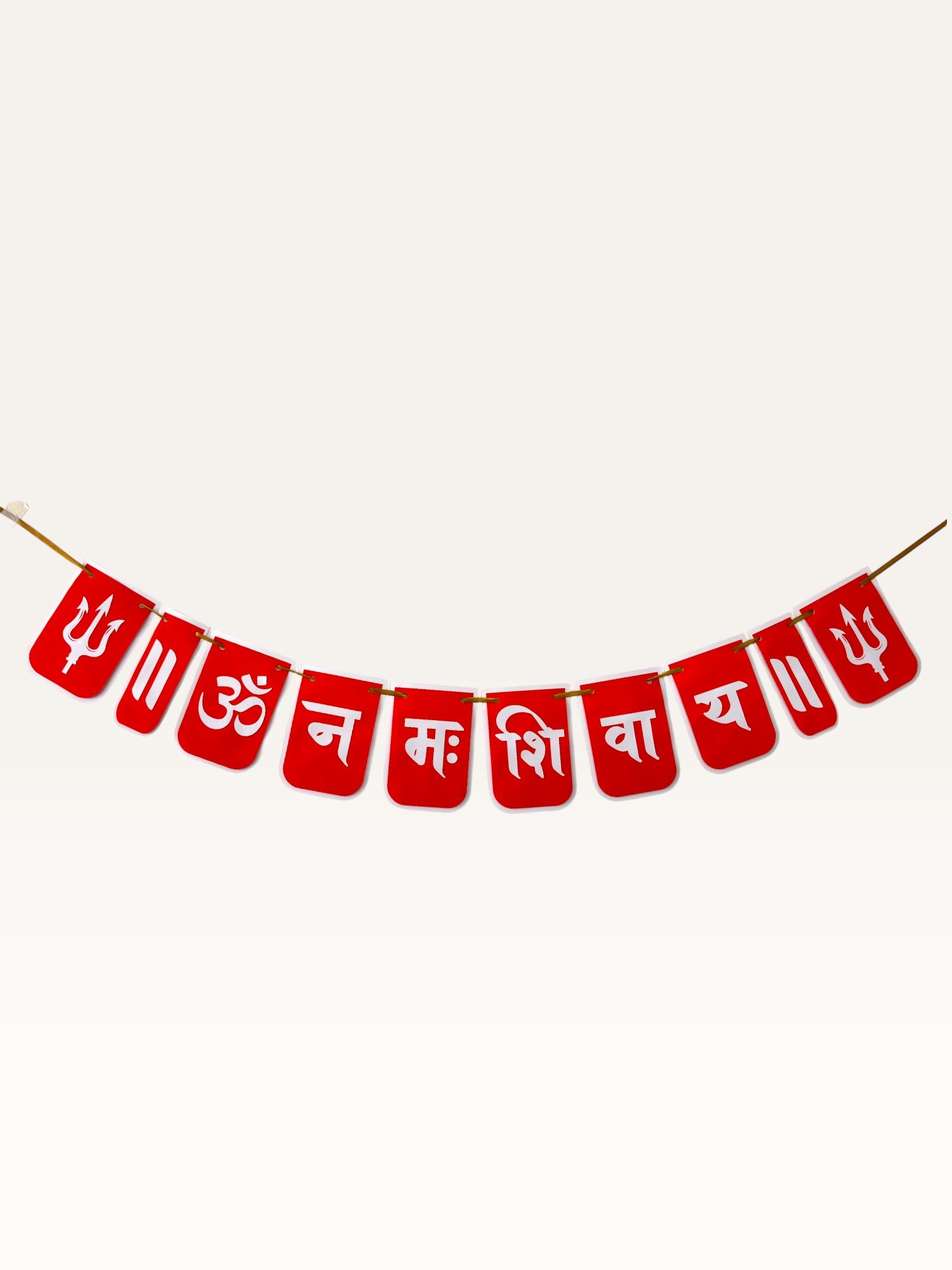 Paper Party Studio red paper banner with white Om Namah Shivaya mantra and trishul motifs for festive pooja decor