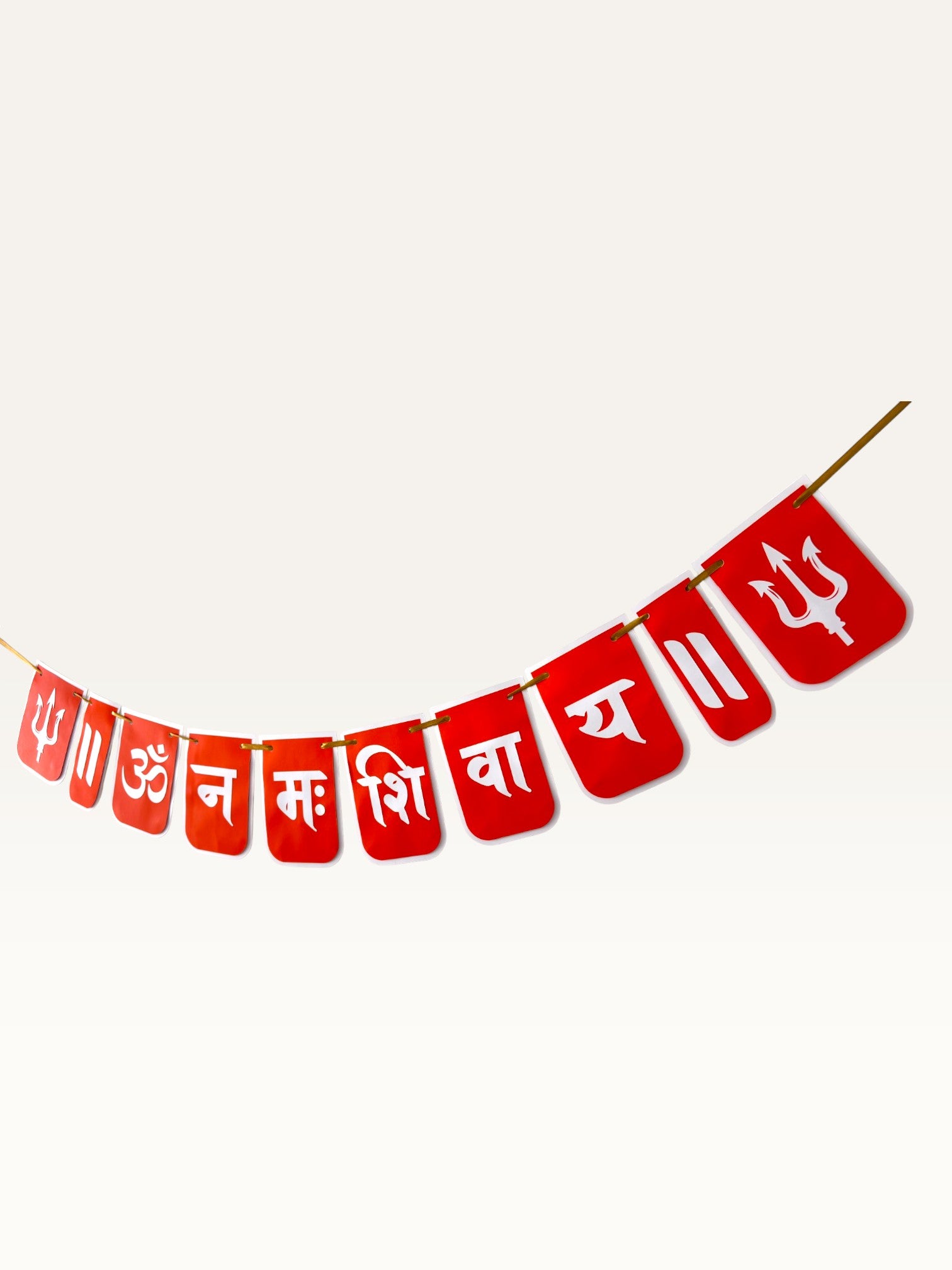Paper Party Studio red paper banner with white Om Namah Shivaya mantra and trishul motifs for festive pooja decor.
