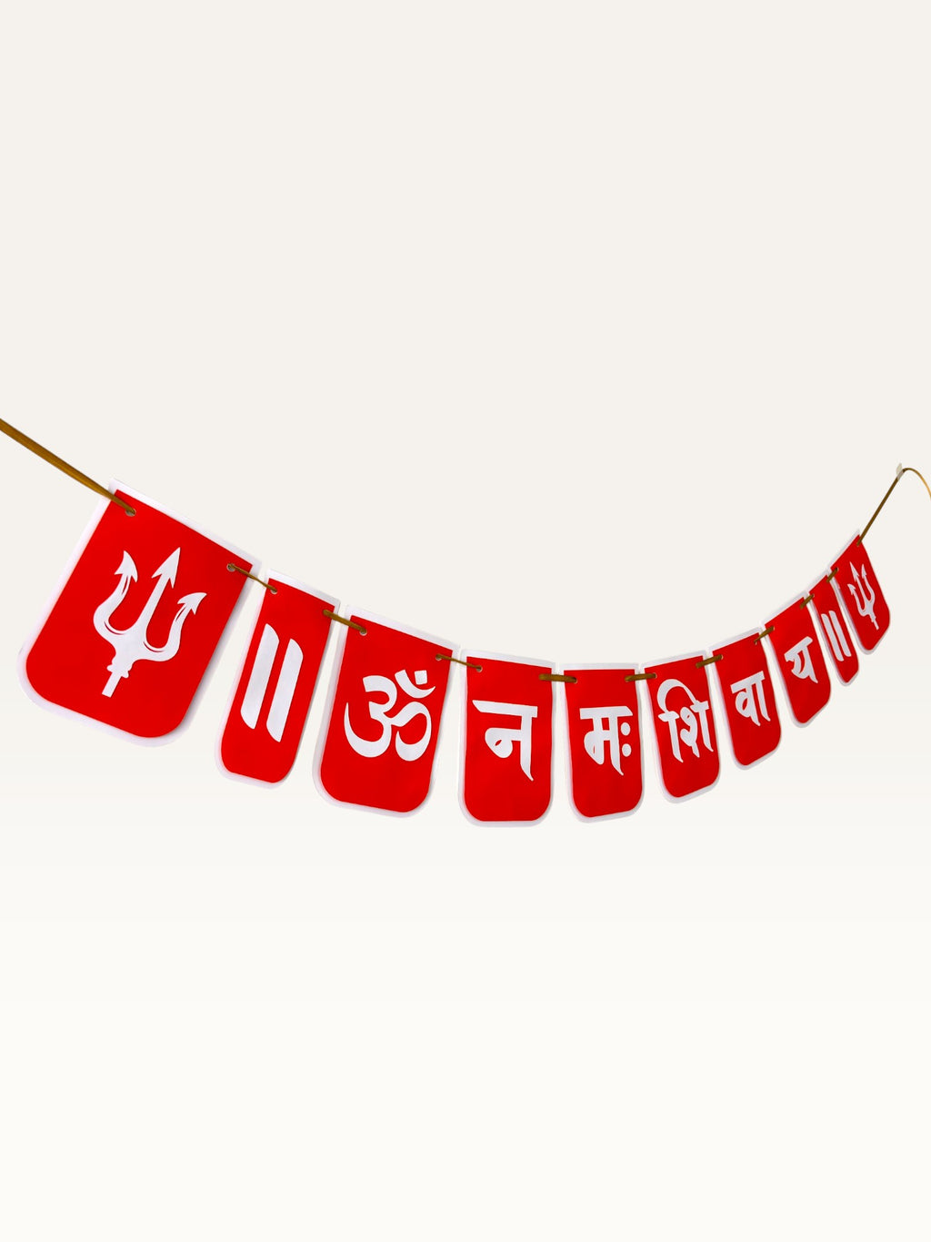 Paper Party Studio red paper banner featuring white Om Namah Shivaya mantra and trishul motifs for pooja decoration.