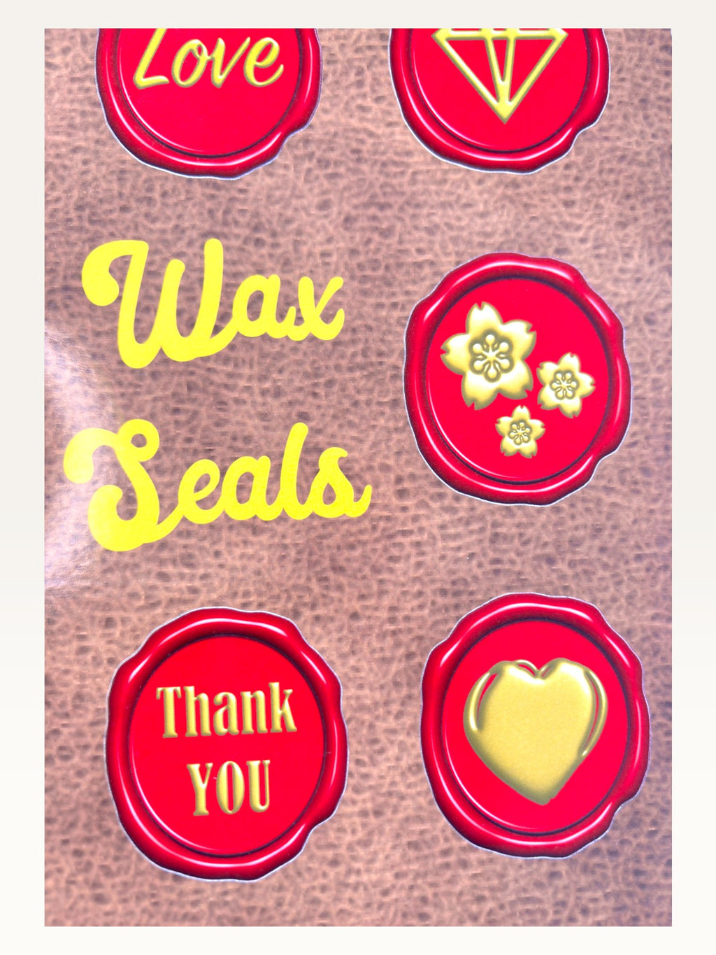 Paper Party Studio wax seal sticker sheet featuring red glossy vintage-style seals with gold love, floral, and text motifs