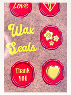 Paper Party Studio wax seal sticker sheet featuring red glossy vintage-style seals with gold love, floral, and text motifs