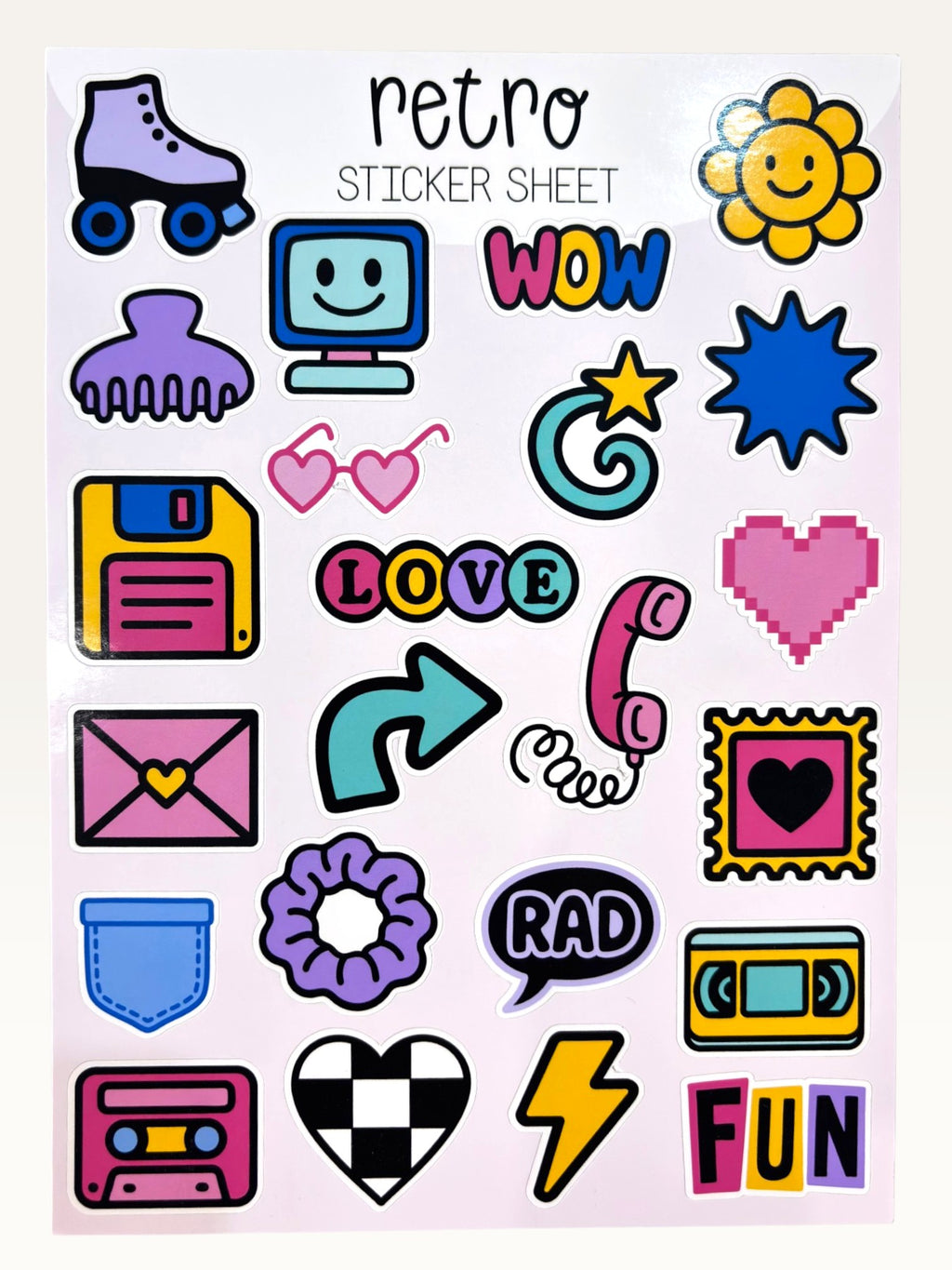 Paper Party Studio retro 90s sticker sheet featuring colourful roller skates, floppy disks, and pixel hearts.