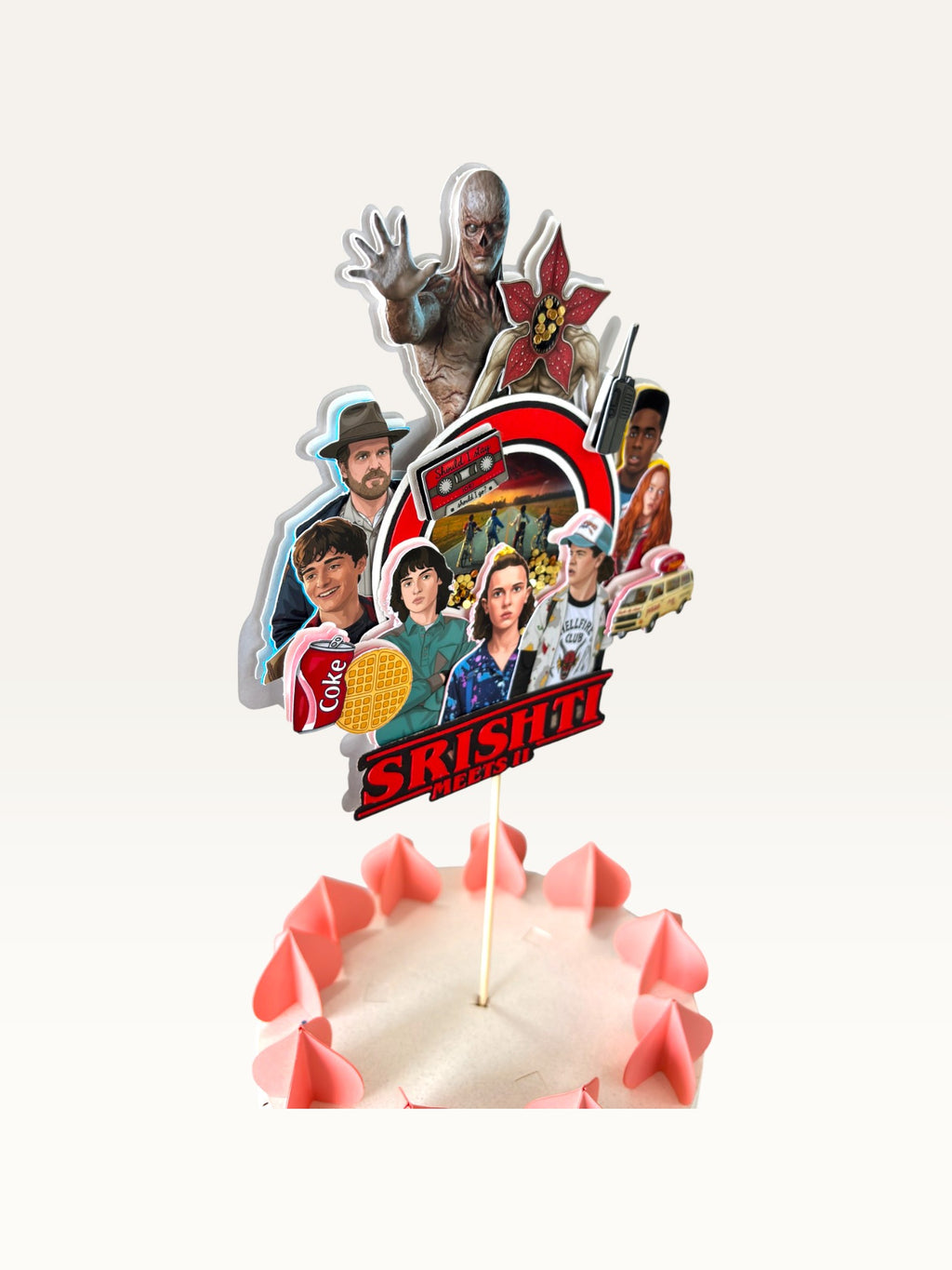 Paper Party Studio personalised retro arcade monster cake topper featuring 80s themed characters and neon accents.