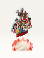 Paper Party Studio personalised retro arcade monster cake topper featuring 80s themed characters and neon accents.
