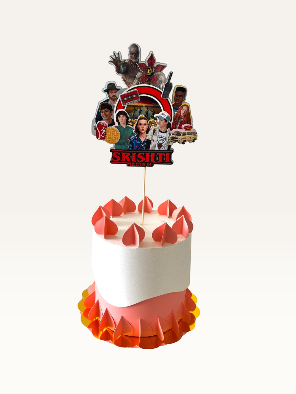 Paper Party Studio personalised retro arcade monster cake topper featuring 80s neon graphics and character cutouts.