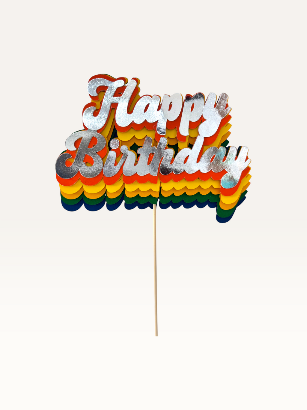 Paper Party Studio retro rainbow Happy Birthday cake topper with layered script lettering