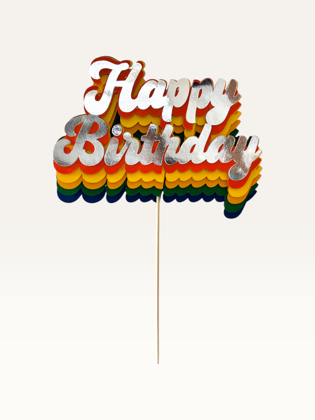 Paper Party Studio retro rainbow cake topper with stacked script lettering and silver finish