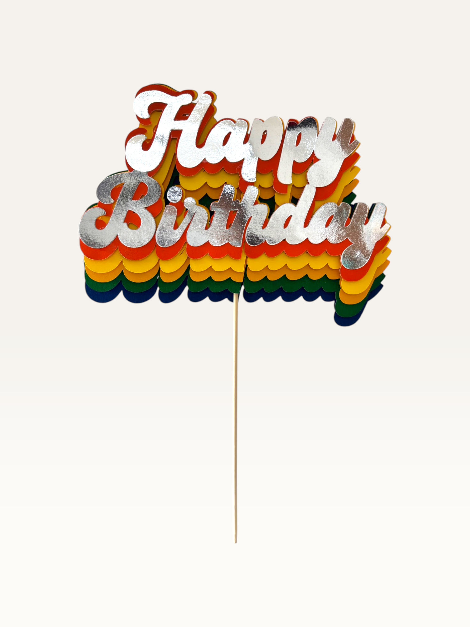 Paper Party Studio retro rainbow cake topper with stacked script lettering and silver finish