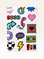 Paper Party Studio 90s retro sticker sheet featuring colourful glossy kiss-cut designs like roller skates and hearts.