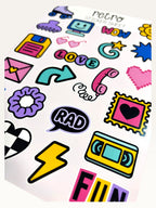 Paper Party Studio retro sticker sheet featuring colourful 90s icons like roller skates, floppy disks, and scrunchies.