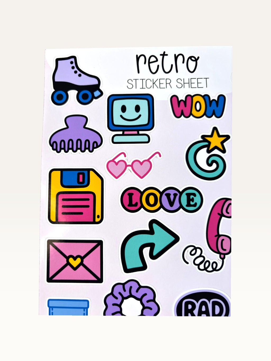 Paper Party Studio retro sticker sheet featuring 90s nostalgia icons like roller skates, floppy disks, and scrunchies.