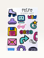 Paper Party Studio retro sticker sheet featuring 90s nostalgia icons like roller skates, floppy disks, and scrunchies.