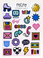 Paper Party Studio Retro sticker sheet featuring 90s nostalgia icons like roller skates, floppy disks, and hearts.