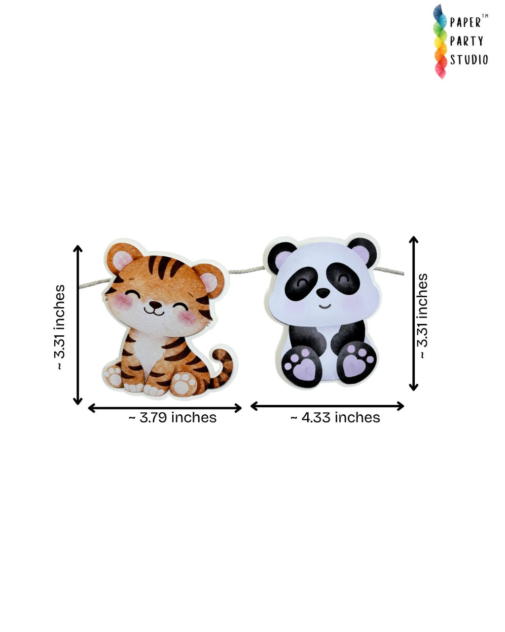 Paper Party Studio watercolour safari animal garland featuring cute tiger and panda cardstock cutouts on a string.