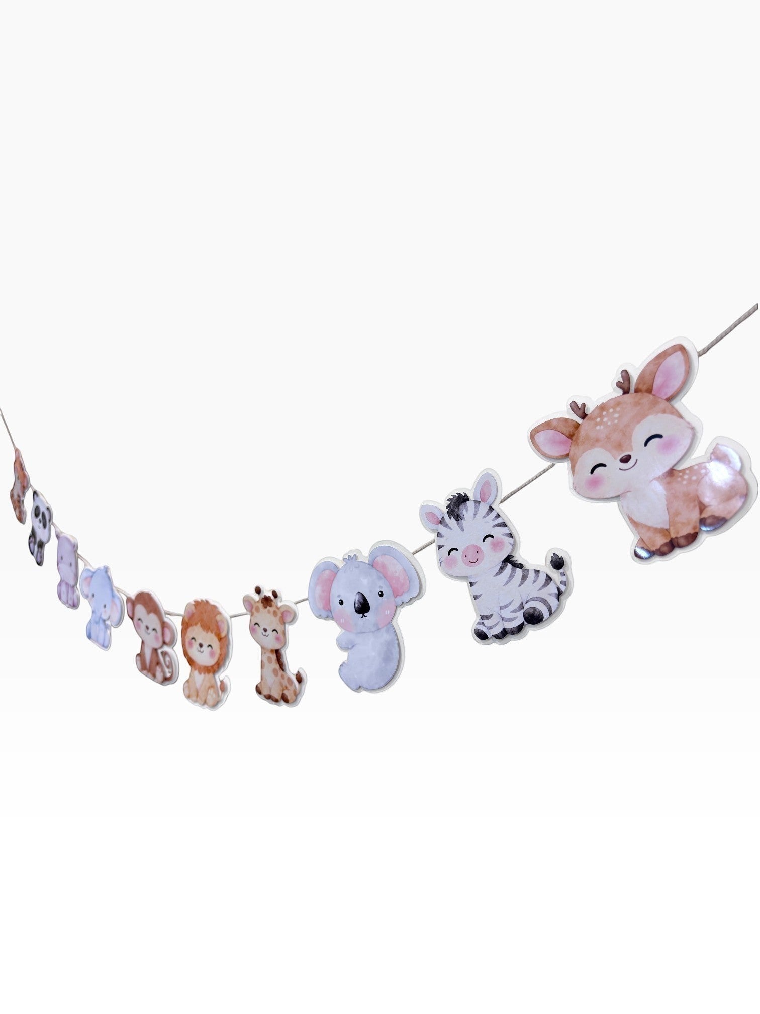 Paper Party Studio watercolour safari animal garland featuring a deer, zebra, koala, giraffe, lion, monkey, elephant, panda, tiger, and more.