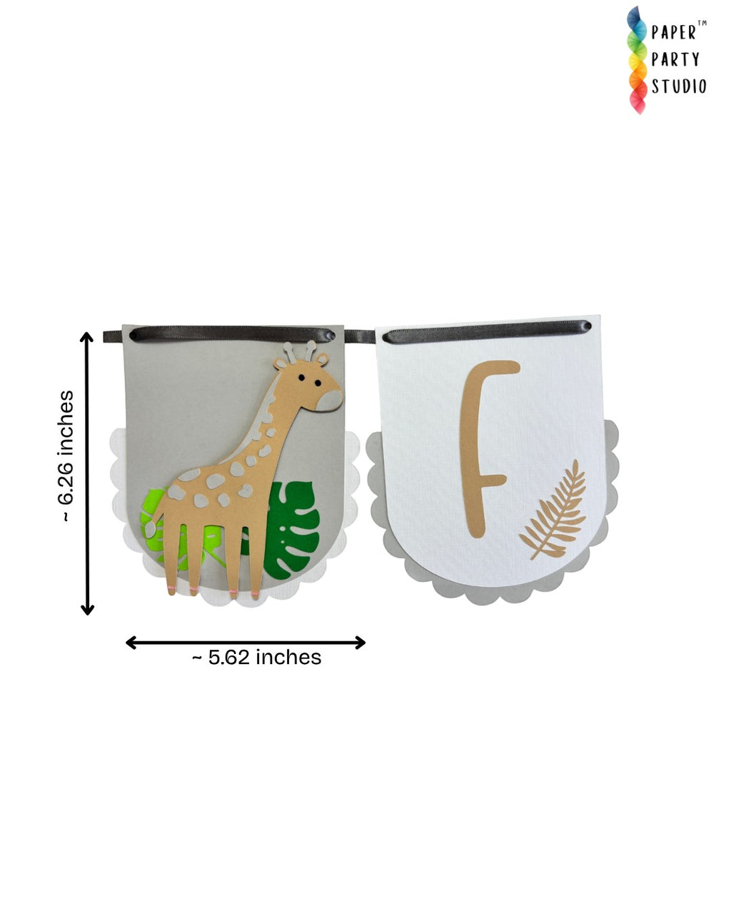 Paper Party Studio safari birthday banner with scalloped flags, giraffe cutout, and custom kraft letter for kids.