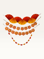 Paper Party Studio Om Namah Shivaya saffron and orange paper pooja decoration set with fan and pennant garlands