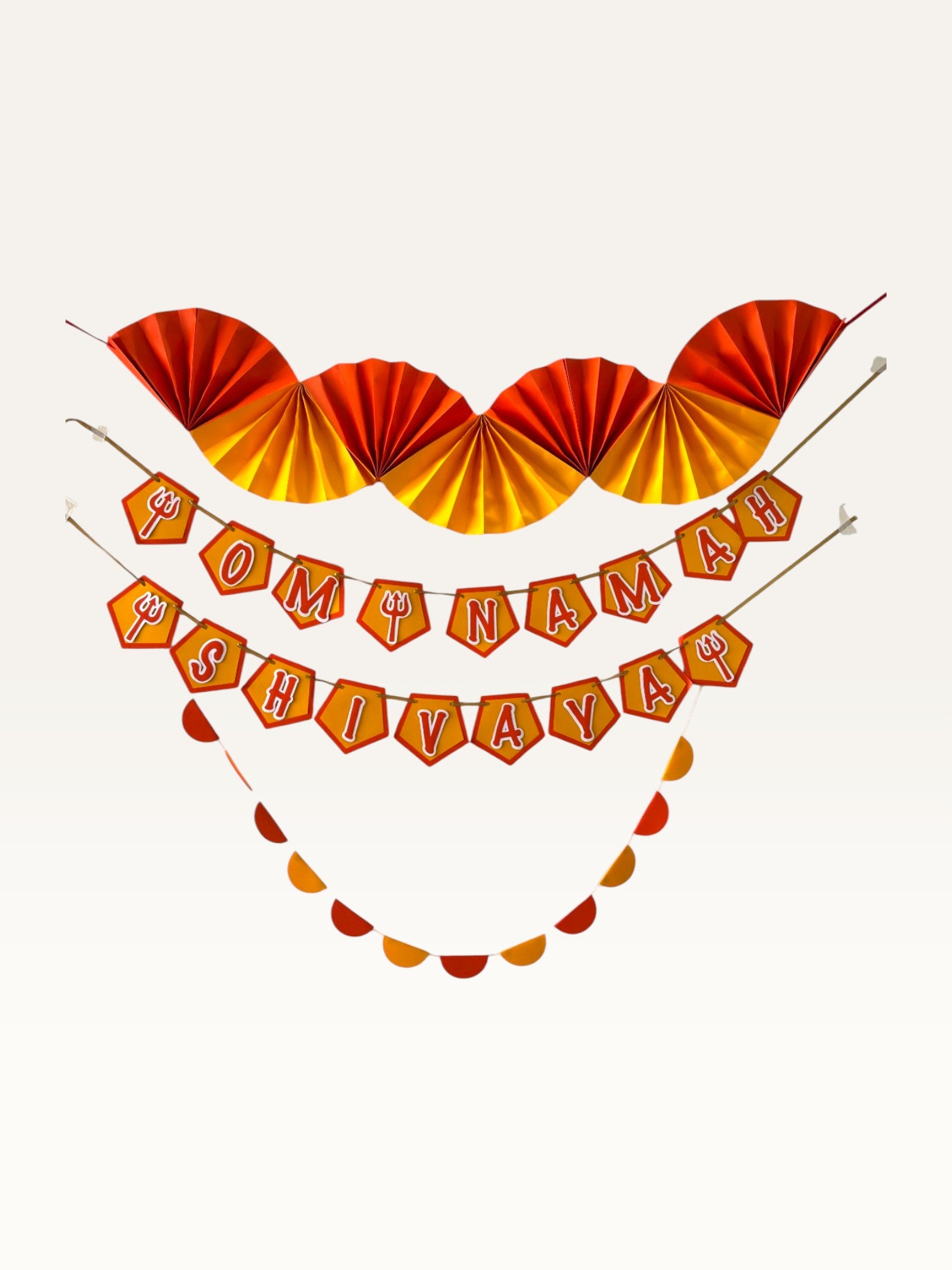 Paper Party Studio Om Namah Shivaya saffron and orange paper pooja decoration set with fan and pennant garlands