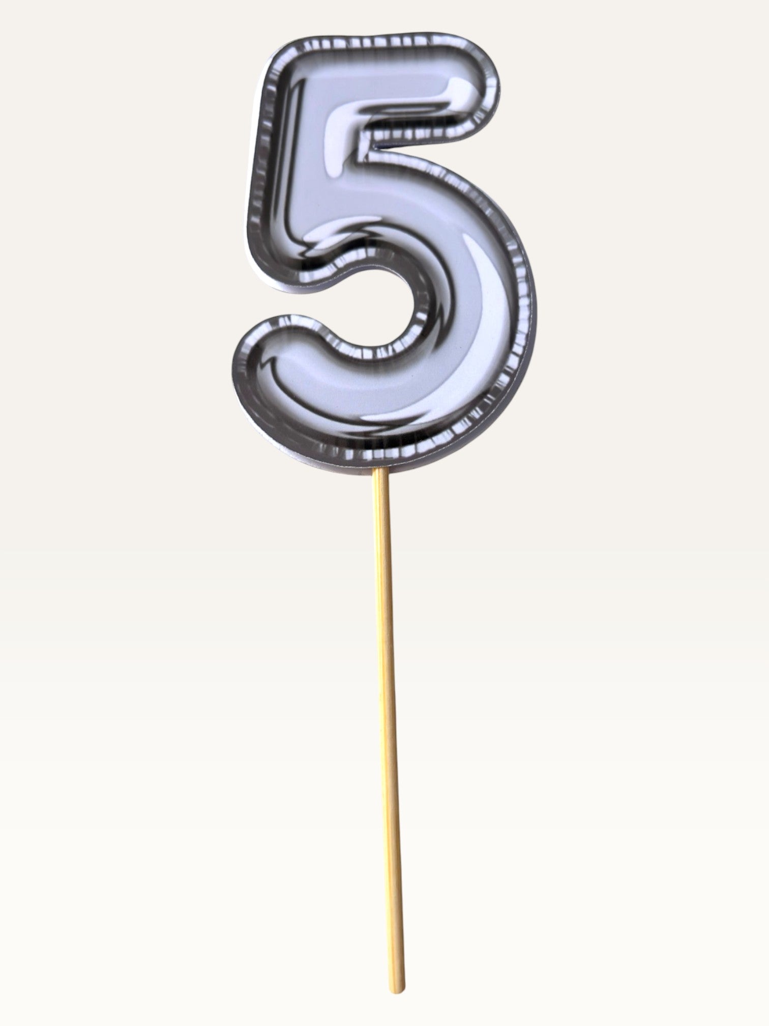Paper Party Studio silver foil number 5 cupcake topper on a bamboo stick made of premium thick paper.