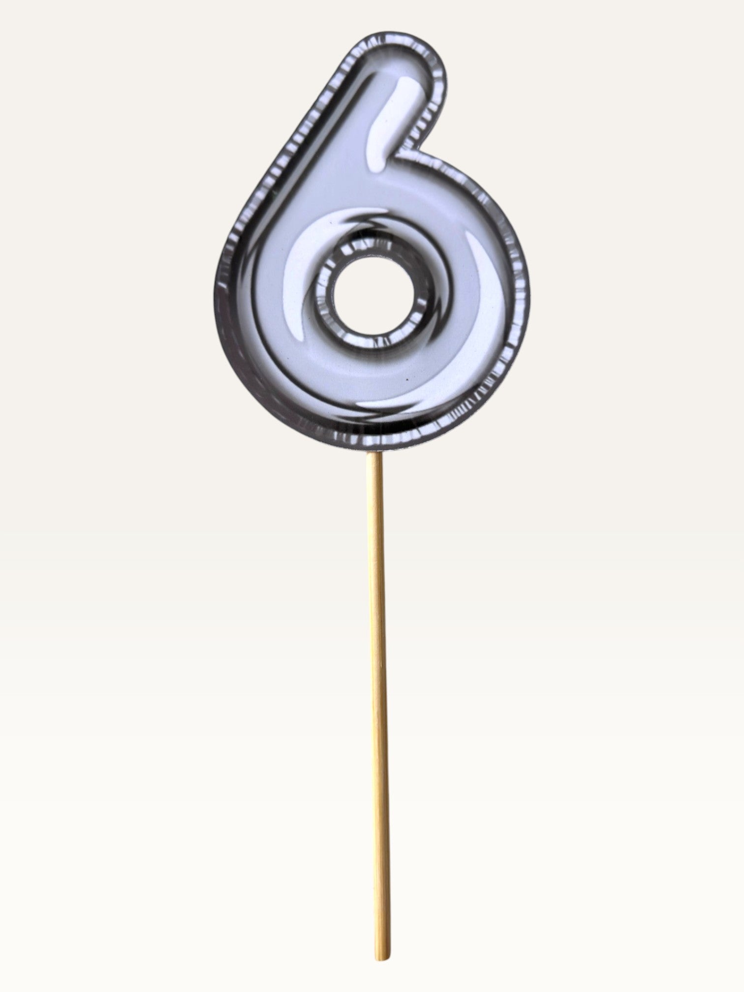 Paper Party Studio silver foil number six cupcake topper on a bamboo stick for birthday party decorations