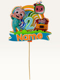 Paper Party Studio personalised sing-along nursery rhyme cake topper with rainbow, bus, and age 2 cardstock design.