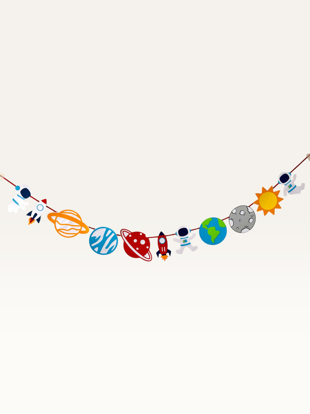 Paper Party Studio space adventure garland featuring paper astronauts, rockets, and planets strung on a red cord.