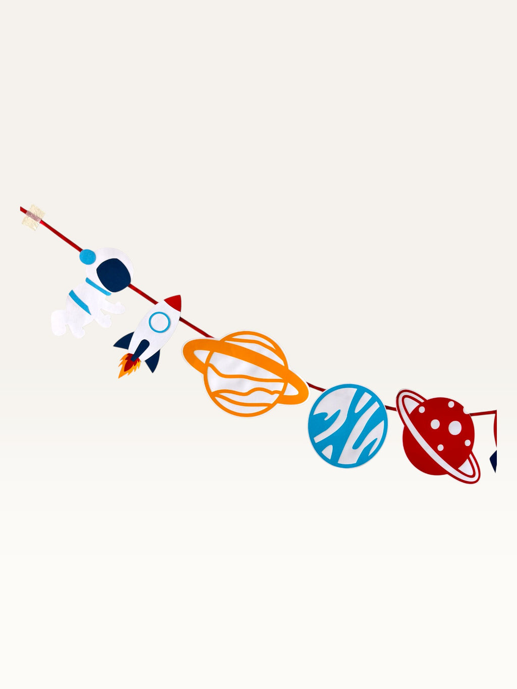 Paper Party Studio space adventure garland featuring colorful paper astronauts, rockets, and planets on a red cord.
