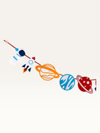 Paper Party Studio space adventure garland featuring colorful paper astronauts, rockets, and planets on a red cord.