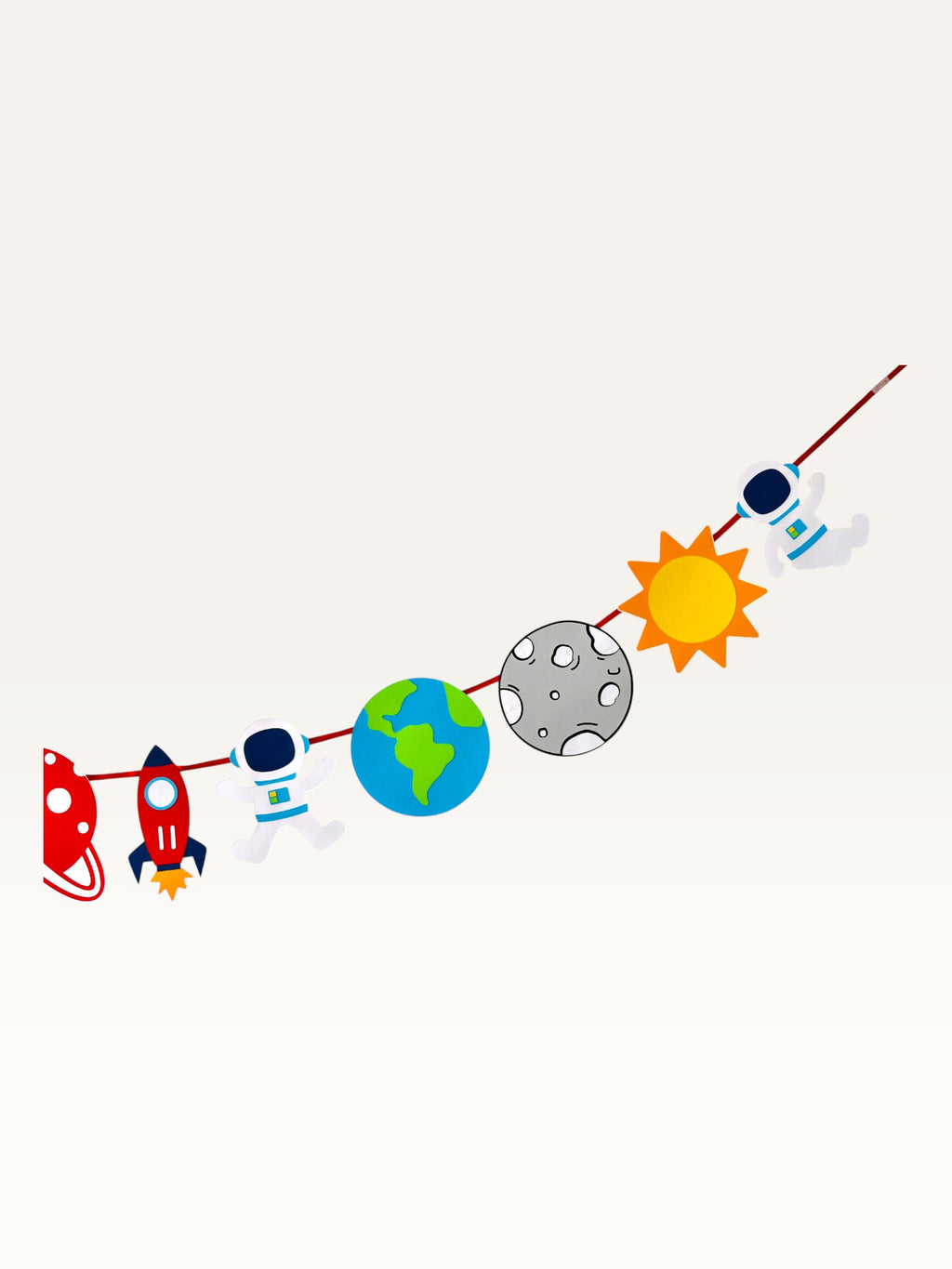 Paper Party Studio space adventure garland featuring paper astronauts, rockets, planets, and sun on a hanging cord.