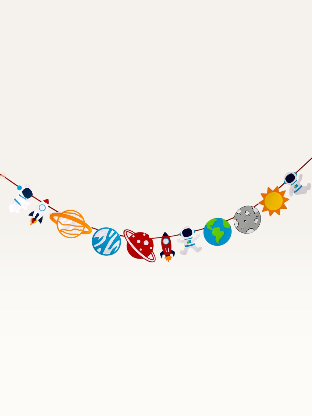 Paper Party Studio space adventure garland featuring colorful paper astronauts, rockets, and planets on a string.