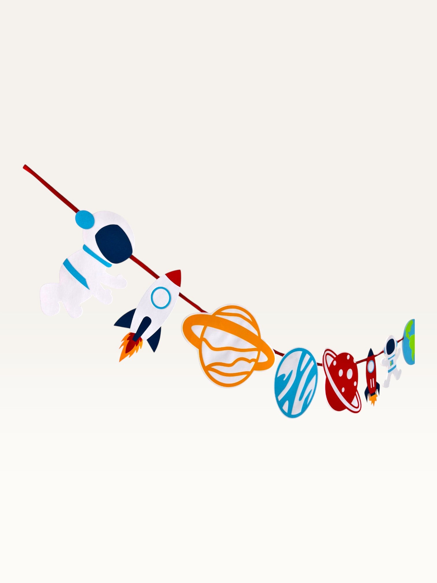 Paper Party Studio space adventure garland featuring colorful paper astronauts, rockets, and planets on a hanging cord.