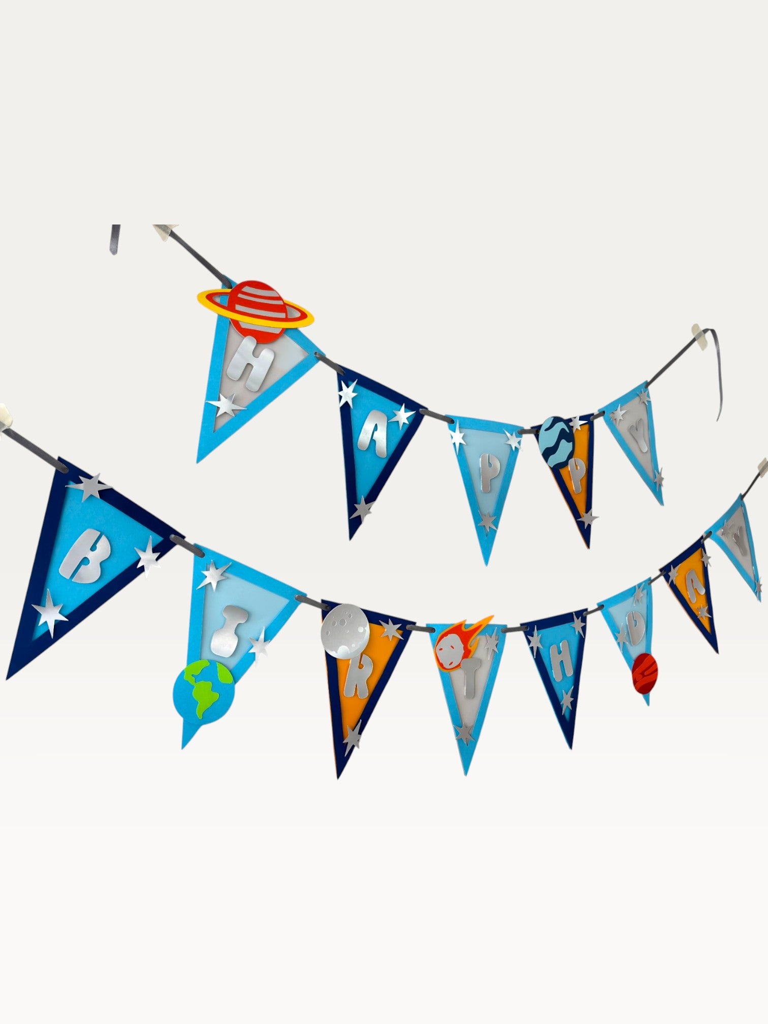 Paper Party Studio space theme birthday banner with blue and orange pennants, planets, stars, and cut-out letters.