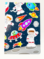 Paper Party Studio space explorer sticker sheet featuring rockets, astronauts, and planets on a deep blue starry background