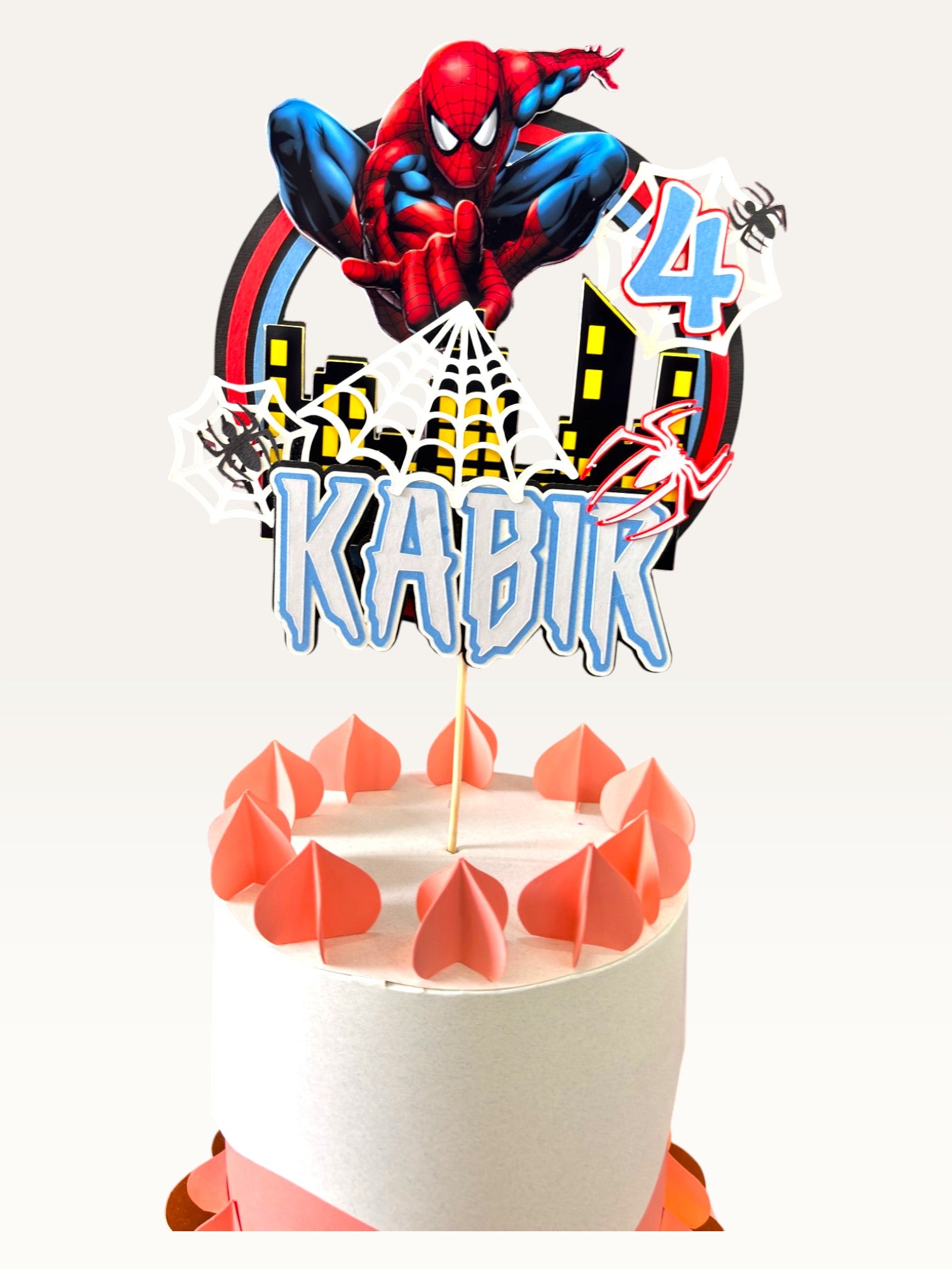 Paper Party Studio personalised Spider-Man cake topper with 3D city skyline, web accents, name, and age for birthdays.