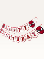 Paper Party Studio red and white Happy Birthday banner with black spider-web patterns and hero face medallions.