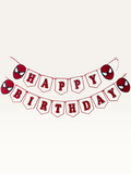Paper Party Studio red and black spider-web Happy Birthday banner with hero face medallions on swallowtail flags.