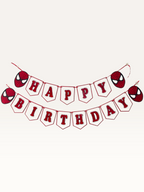Paper Party Studio red and black spider-web Happy Birthday banner with hero face medallions on swallowtail flags.